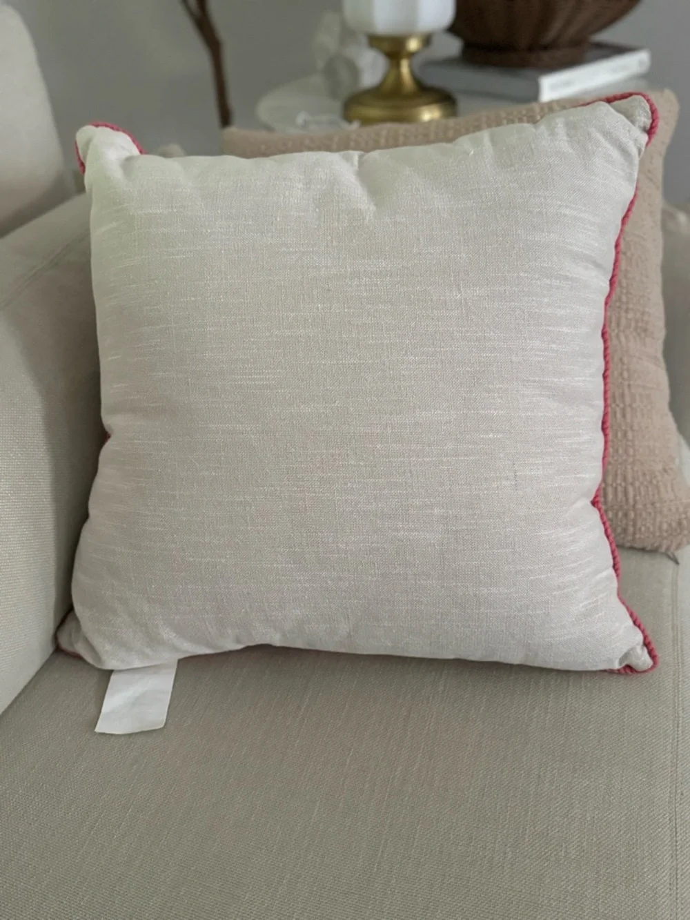 20” x 20” throw pillow features a trellis pattern with embroidered